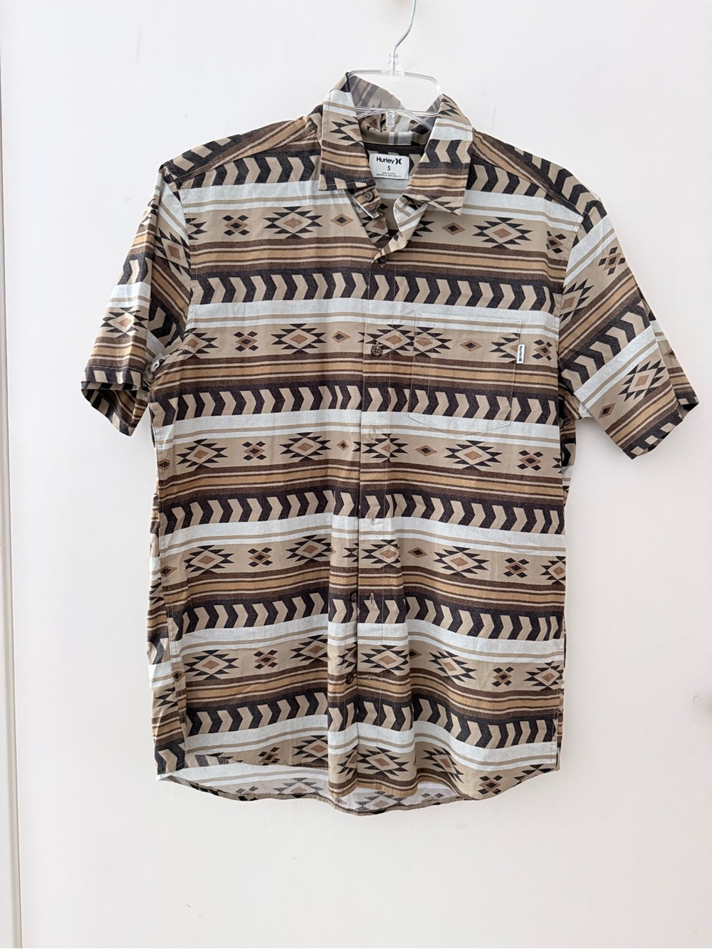 Hurley Short Sleeve pattern Button-Up Shirt - Brown, Tan, White - men small
